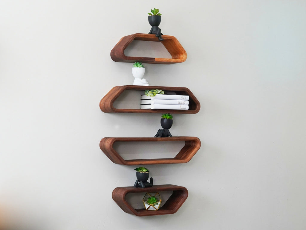 Hexagon Floating Shelves | Modern Floating Shelves | Geometric Floating Shelf | Curved Floating Shelf | Solid Walnut Shelf | Wall Shelf