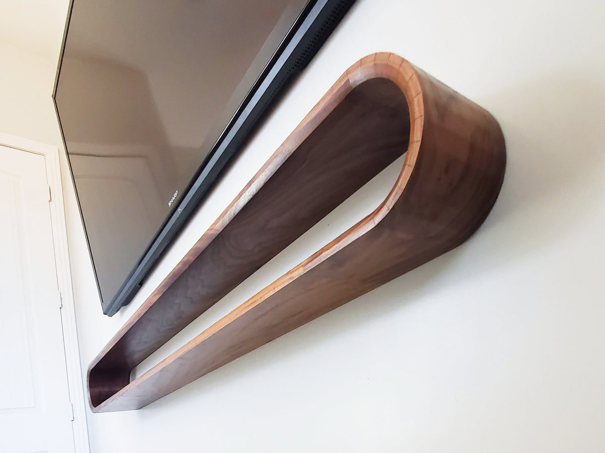 Minimalist Floating Media Console | Mid-Century Modern Curved Floating Console | Solid Walnut | Home Decor |